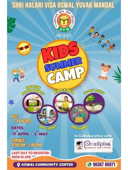 All the details for our next summer camp adventure. This flyer provides key information on dates, age groups, timings, and the main activities, including creative photography, kids yoga, story quest, and traditional desi games.