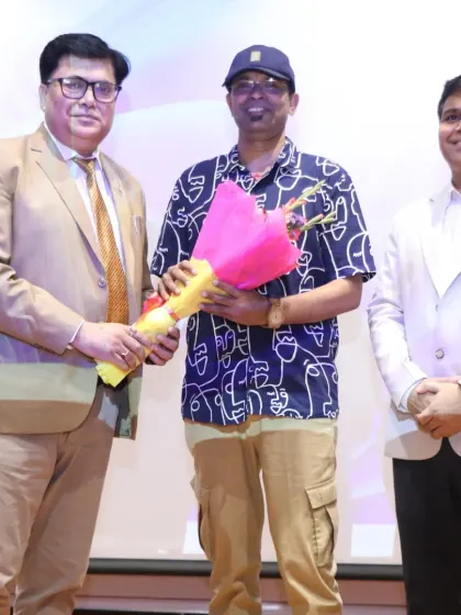 Being felicitated with a bouquet at the AAFT event in Marwah Studio. The respect and warmth I receive from institutions reinforces my commitment to guiding young talent.