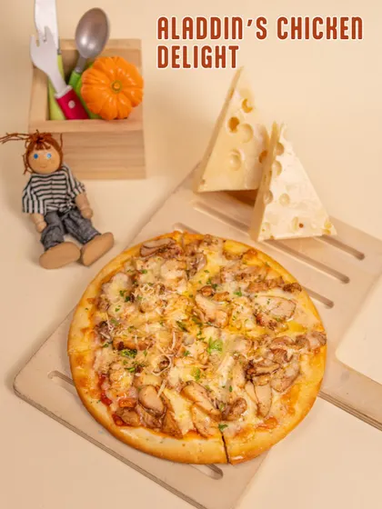 Aladdin's Chicken Delight pizza is a magical meal for any little adventurer. It's cheesy, delicious, and perfectly kid-sized.
