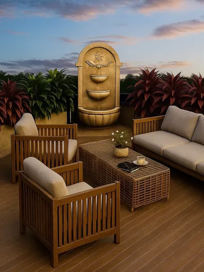 Another concept for the Paras Quartier balcony, this time focusing on a serene seating area with a classic stone fountain as the centerpiece.