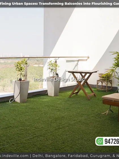 A minimalist balcony with a glass railing, offering an expansive view. The artificial grass and simple planters add a touch of nature without obstructing the scenery.