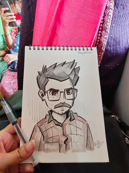 The same early caricature, shown in my sketchbook while traveling. Art can happen anywhere.