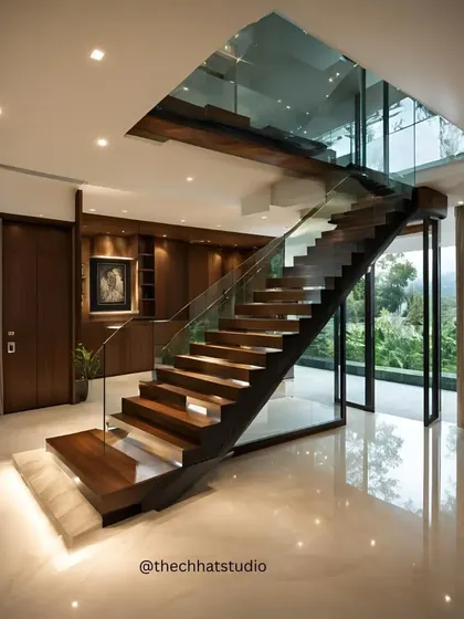 Another view of the Dehradun staircase, highlighting its integration with the surrounding space. The design allows light to pass through, maintaining an open and airy feel while making a powerful architectural statement.