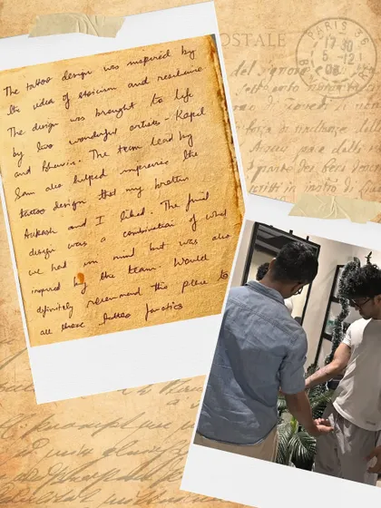 A handwritten note from the brothers, thanking the artists for bringing their idea of a stoic, resilient samurai to life.