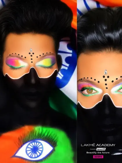 Embracing the tricolor for Independence Day. This patriotic look is a creative expression of national pride, using makeup to paint the colors of the flag in an artistic way.
