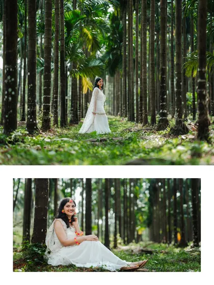 A collage of a bride in a white dress for her Haldi photoshoot, posing in a serene forest of areca nut trees.
