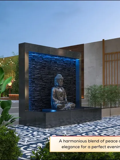 A harmonious blend of peace and elegance for a perfect evening. This outdoor space features a beautiful Buddha water fountain, creating a tranquil and spiritual atmosphere.