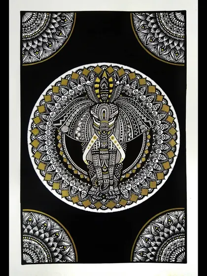 The full composition of the elephant mandala, set against a black background to make the white and gold details pop. This format gives the artwork a bold and striking presence.