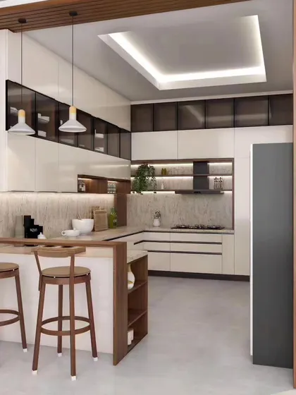 A 3D render of a spacious open kitchen with a breakfast bar and ample shelving. This shows clients how their future kitchen will look and feel.