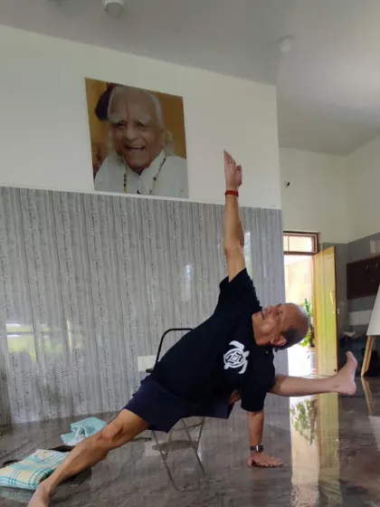 Additional images from my personal practice and teaching sessions, demonstrating a wide variety of asanas and the use of props. Each photo shows a moment of exploration in the journey of yoga.