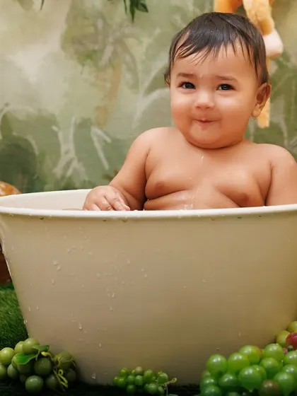 After the cake smash comes the tub splash! A happy baby enjoys a warm bath in a jungle-themed setup.