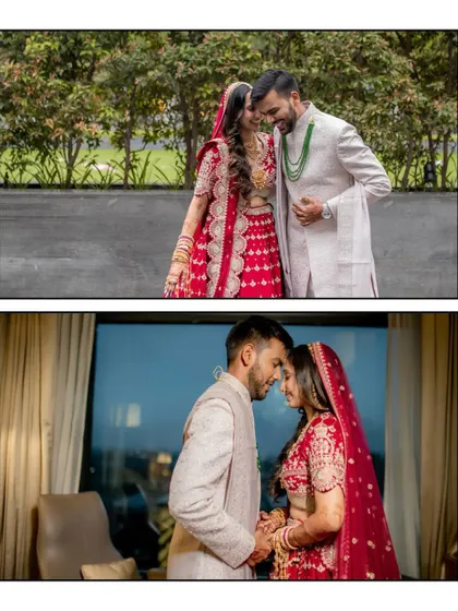 Two portraits of love. The top frame shows a candid, laughing moment outdoors, while the bottom frame captures a more intimate, romantic pose against a window.