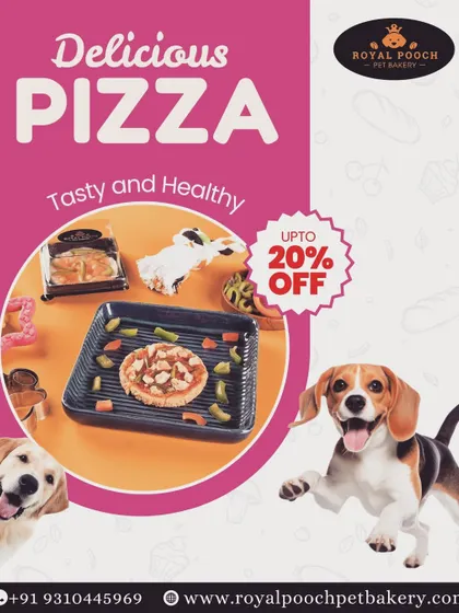 Say woof to a slice of happiness! This graphic shows off my delicious and healthy pet pizza, made with natural ingredients. It's a tail-wagging delight for any pup.