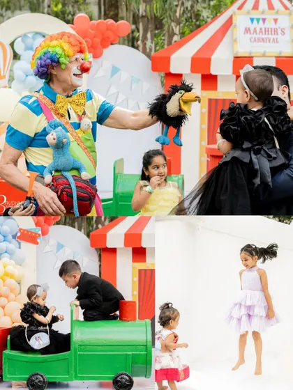 A collage showing the entertainment and activities at a carnival party. It includes a clown with puppets, kids playing on a miniature train, and children enjoying the bouncy house.