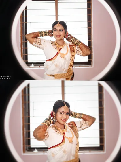 A creative bridal portrait using a ring light as a frame. This technique adds a modern and stylish touch to the getting ready photos.
