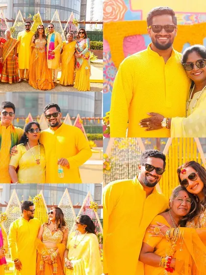 This collage highlights the groom with his family during the Haldi. It's full of warm smiles and happy group photos, capturing the love and support surrounding him.