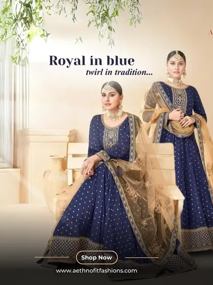 This navy blue Anarkali is pure royalty. I used Taffeta with heavy thread and zari work to create a look that's both grand and graceful, perfect for making a statement at any family celebration.