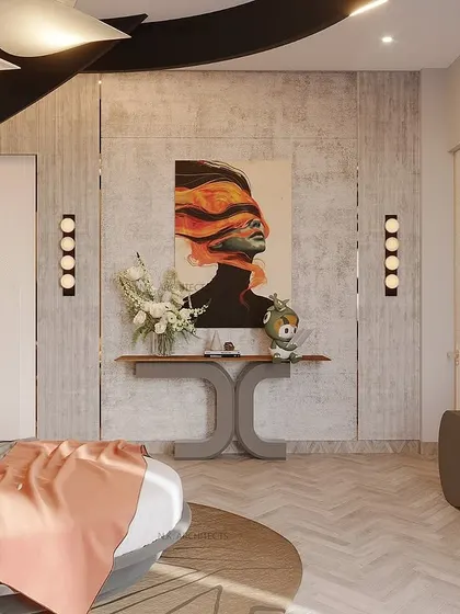 A different angle of the floating ceiling bedroom, showing the abstract artwork and the unique console table that complement the room's modern, artistic vibe.