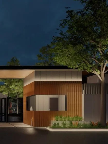 The entrance gatehouse of a residential community, where I used subtle downlighting and landscape illumination. This approach ensures the security post is visible and welcoming without being harsh or industrial.