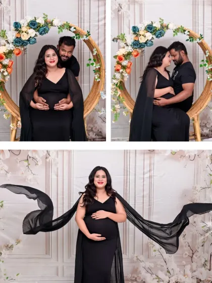 This collage captures the romance and elegance of a modern maternity shoot. It includes intimate couple's poses and a powerful solo shot with the black cape flowing like wings.