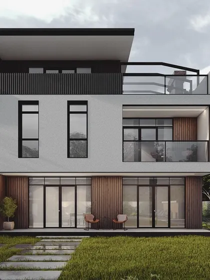 We designed this multi-level residence with a mix of white render, dark cladding, and wood accents to create visual interest. The structure includes multiple balconies and a rooftop terrace, maximizing outdoor living space within a contemporary architectural framework.