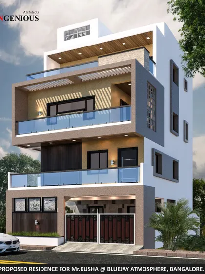 For this home at Bluejay Atmosphere, I designed a facade with deeply recessed balconies to provide shaded outdoor spaces. The use of a bold grey frame around the upper floors creates a distinct visual identity.