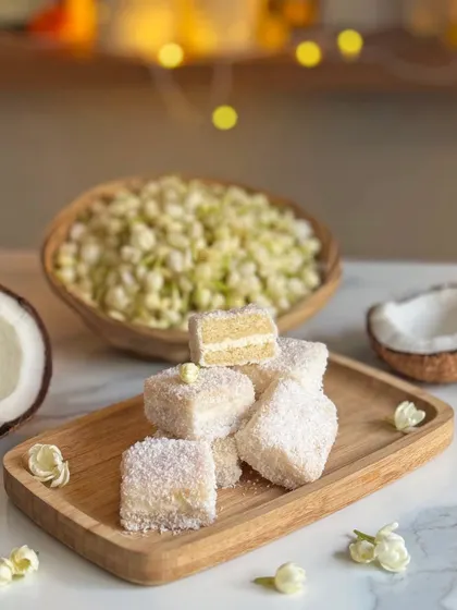 My Jasmine Coconut Lamingtons are inspired by the calming scent of mogra. These soft sponge cakes are filled with jasmine cream, coated in a light syrup, and rolled in desiccated coconut for a truly reflective treat.