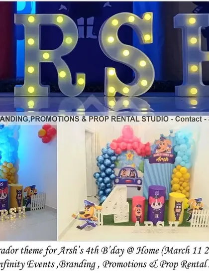 We are excited to introduce our new Sheriff Labrador theme, created for a 4th birthday at home. This setup includes a custom backdrop, a blue and red balloon garland, themed cylinder props, and a light-up number "4," bringing the animated hero's world to life.