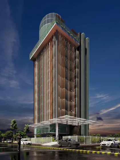Another concept for the expressway office building, this time with wavy, metallic louvers. This design plays with light and shadow to create a sense of movement across the facade, topped with a revolving restaurant.