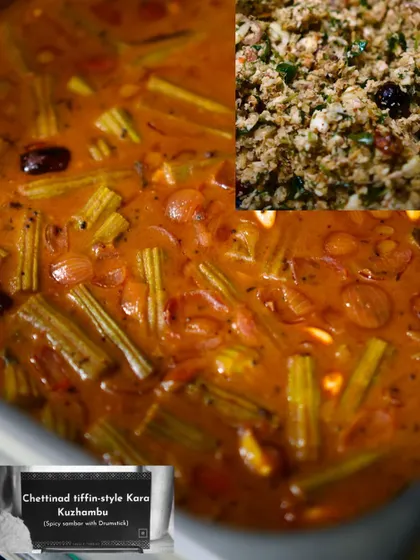 A close-up of the Chettinad tiffin-style Kara Kuzhambu, a spicy sambar that was a highlight of our Diwali menu.