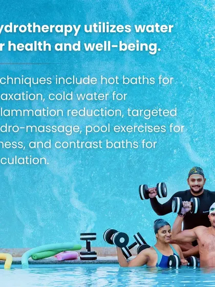 Hydrotherapy utilizes water for health and well-being. Our programs include pool exercises for fitness and targeted hydro-massage techniques to improve circulation and reduce inflammation.