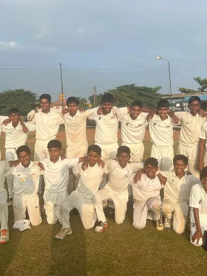 The U-14 team celebrating a hard-fought victory in the KSCA league. The comeback win showed immense spirit and character from the players.