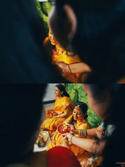 An over-the-shoulder perspective that makes you feel like you are part of the celebration, watching as friends participate in the Haldi ceremony.