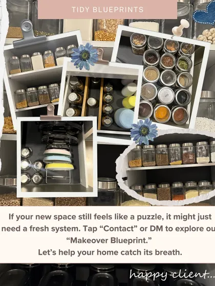 A closer look at a kitchen makeover for a new home. We used a spice rack, drawer organizers for lids, and clear jars to make the space feel intuitive and catch its breath.