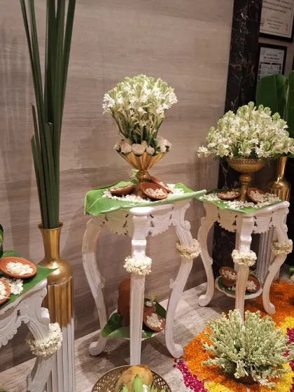 The beautiful floral decor at the entrance of the Southern Spice pop-up, featuring tuberoses and traditional elements.