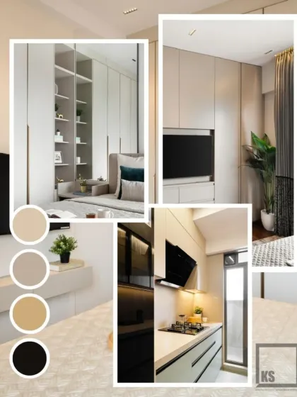 This mood board showcases the design concept for an integrated space, combining the neutral color palette of the bedroom furniture with a glimpse of the kitchen design, illustrating how I create a cohesive feel throughout a home.