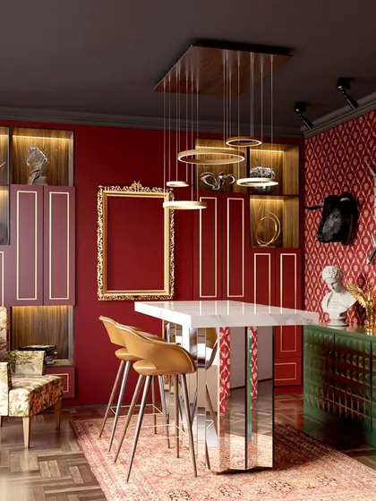When the client wanted "Red on Red," we created this unique and classy eclectic dining space. A bold red wallpapered accent wall is balanced with a green console, a mirrored-base table, and a vintage rug to tie it all together.