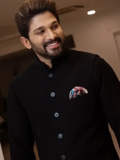 A close-up of Allu Arjun, showing the perfect fit of the bandhgala collar.