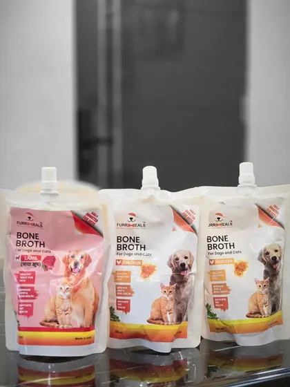 These images are part of series showing happy dogs and the bone broth product, reinforcing its benefits and appeal.