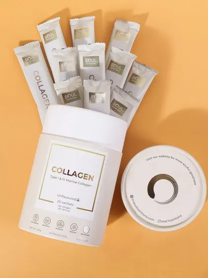 This flatlay shows the collagen supplement with its individual sachets displayed. This is a great way to show the customer exactly what they get inside the box and highlights its convenience for travel.
