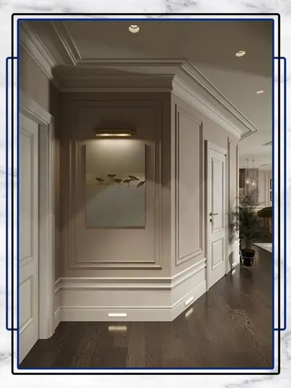 Another angle of this beautifully designed corner, showcasing the seamless integration of wall panels, baseboards, and door frames. It's all about precision.