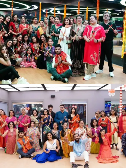 Two fantastic groups from my Dandiya nights at different gym locations. This collage shows the wonderful community and festive spirit we build together during Navratri celebrations.