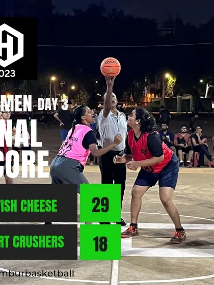 The final score from a women's game on Day 3 of Hooplah 2023.
