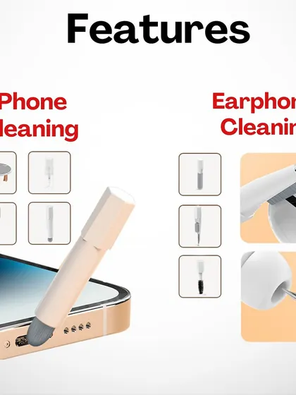 A closer look at the features of the 20-in-1 cleaning kit, showing the specialized tools for cleaning phone charging ports and earphones.