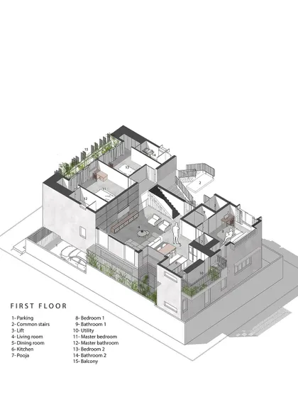 An axonometric drawing of the first-floor plan for the 'Triode' apartments. This type of drawing allows us to see the layout in 3D, helping us to refine the spatial relationships between rooms and ensure a functional design.