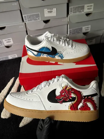 The full pair of dragon-themed sneakers, with a red dragon on one shoe and a blue one on the other.