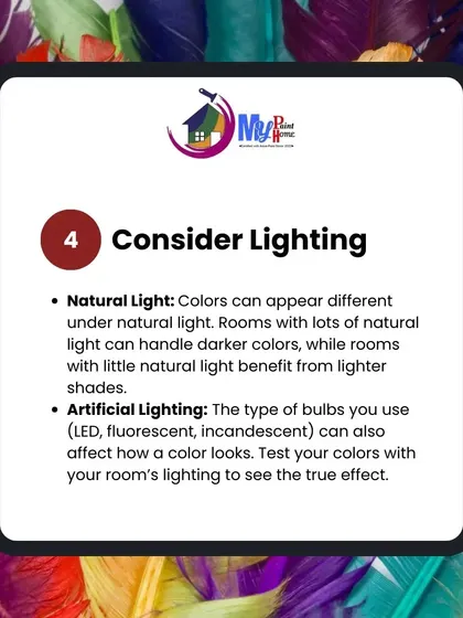Tip 4: Consider the lighting. Natural and artificial light can dramatically change how a color appears. A color might look great in a sunny room but too dark in a room with less light.