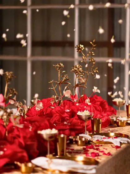 A shower of jasmine petals over a contemporary Indian tablescape, adding fragrance and a touch of poetic beauty.