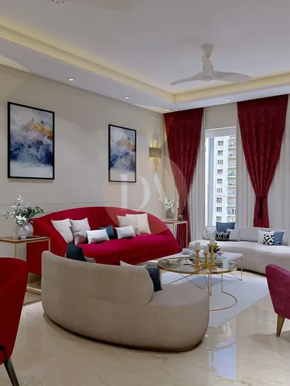 A 3D render of a living room with vibrant red furniture against neutral walls. This shows our ability to create bold, energetic spaces that are balanced with classic elements like wainscoting and elegant lighting.