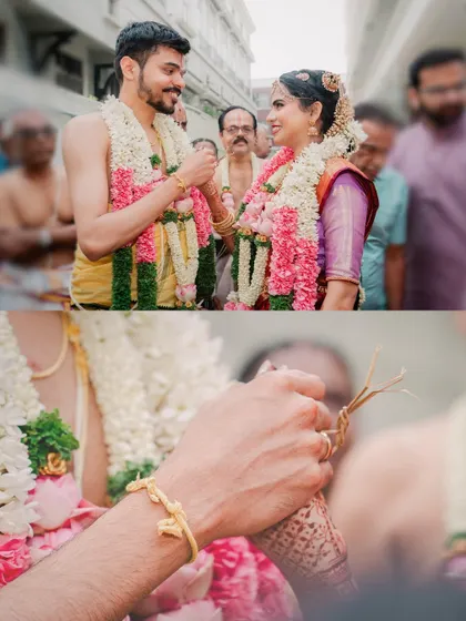 A collage capturing the key moments of a Brahmin wedding, from the exchange of garlands to the tying of the sacred knot. These photos highlight the beauty and significance of each tradition.
